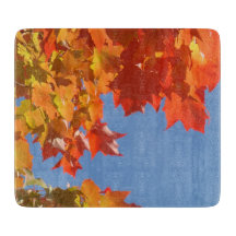 Roter orange Herbst verlässt Glasschneiden Bretter
