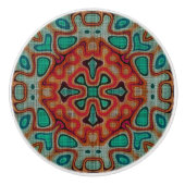 Roter Orange Türkis Blaue grüne Ethnic Stamm Kunst Keramikknauf (Vorderseite)
