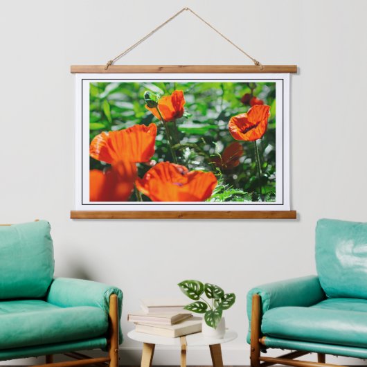 Roter Orangenmohn-Blume Wandteppich Mit Holzrahmen (Wohnzimmer)