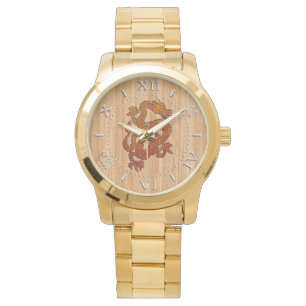 Roter Orientalischer Drache auf Bamboo-Art Dial Armbanduhr