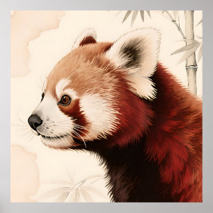 Roter-Panda-Bambus-Aquarellporträt Poster