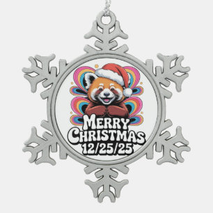 Roter Panda Frohe Weihnachten 12/25/25 Schneeflocken Zinn-Ornament