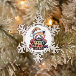 Roter Panda Frohe Weihnachten 12/25/25 Schneeflocken Zinn-Ornament