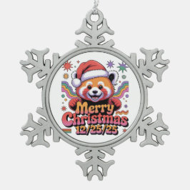 Roter Panda Frohe Weihnachten 12/25/25 Schneeflocken Zinn-Ornament