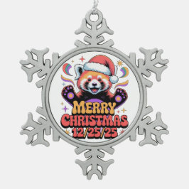 Roter Panda Frohe Weihnachten 12/25/25 Schneeflocken Zinn-Ornament
