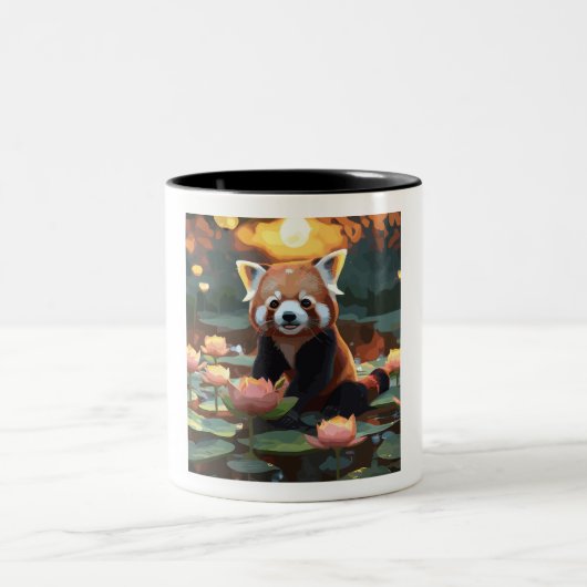 Roter Panda im Lotusteich Zweifarbige Tasse (Mittel)