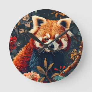 Roter Panda Vintage Wald Muster Floral Garten Runde Wanduhr