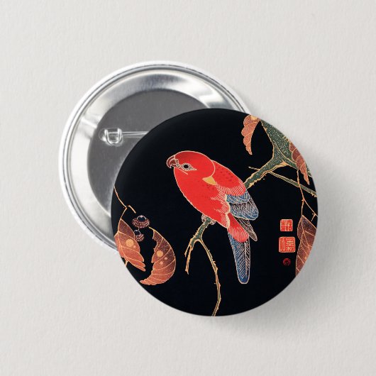 Roter Papagei am Zweig eines Baumes von Ito Jakuch Button (Vorne & Hinten)