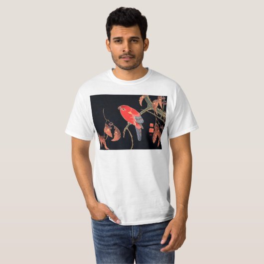 Roter Papagei am Zweig eines Baumes von Ito Jakuch T-Shirt (Vorne ganz)
