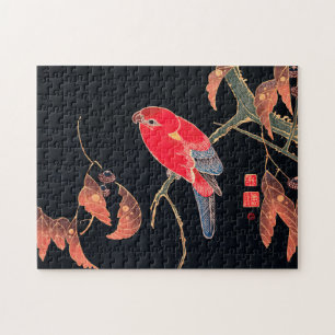 Roter Papagei Vintage Vogel Japanischer Holzschnit Puzzle