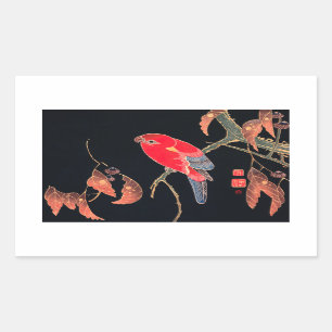 Roter Papagei Vintage Vogel Japanischer Holzschnit Rechteckiger Aufkleber
