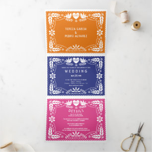 Roter Papel Picado liebt Vögel Hochzeit Dreifach Gefaltete Einladung