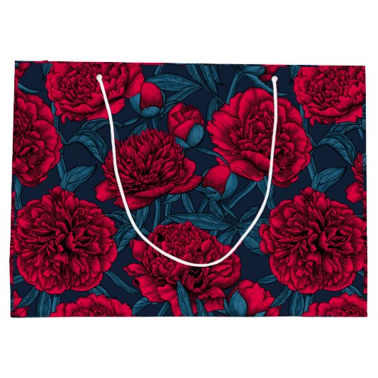 Roter Peelinggarten auf dunkelblau Große Geschenktüte (Rückseite)