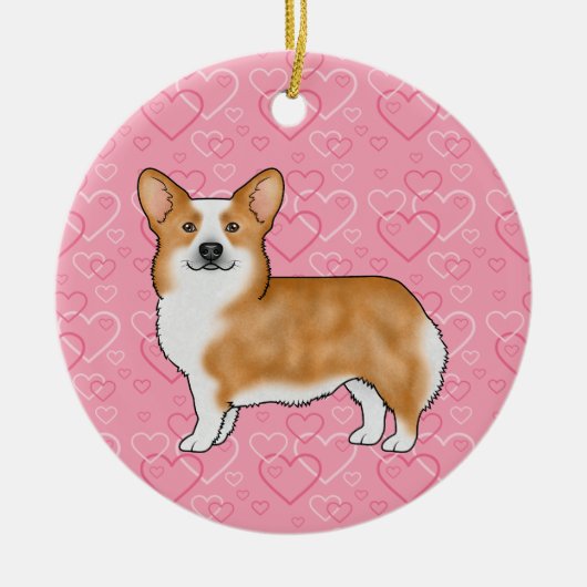 Roter Pembroke walisischer Corgi auf rosa Herzen m Keramik Ornament (Vorne)