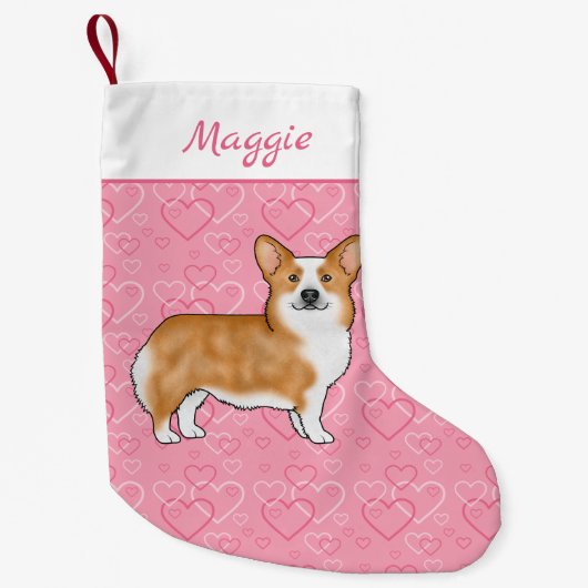 Roter Pembroke walisischer Corgi auf rosa Herzen m Kleiner Weihnachtsstrumpf (Vorderseite)