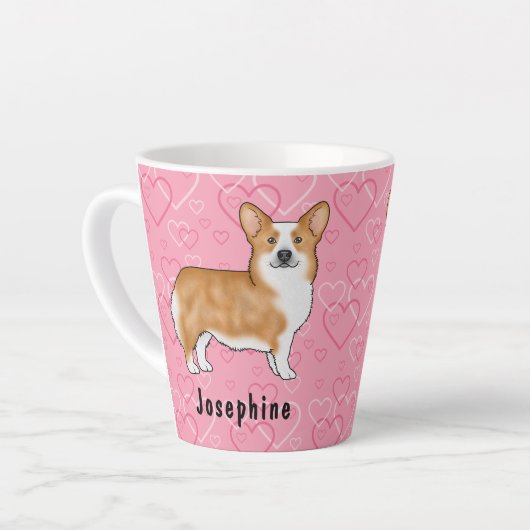 Roter Pembroke walisischer Corgi auf rosa Herzen m Milchtasse (Linke Ecke)