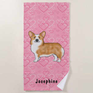 Roter Pembroke walisischer Corgi auf rosa Herzen m Strandtuch
