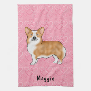 Roter Pembroke Welsh Corgi auf rosa Herzen mit Nam Geschirrtuch