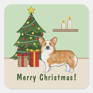 Roter Pembroke Welsh Corgi Hund und Weihnachtsbaum Quadratischer Aufkleber