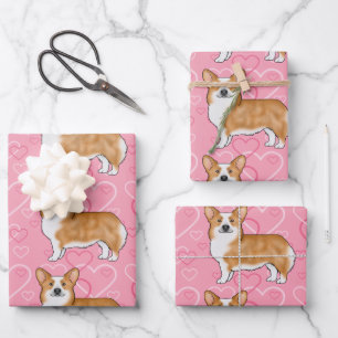 Roter Pembroke Welsh Corgi Liebesherzmuster Rosa Geschenkpapier Set