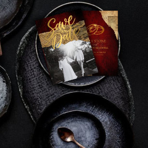 Roter Pergament-Etat im Vintage-Stil, Gold-Kalligr Save The Date