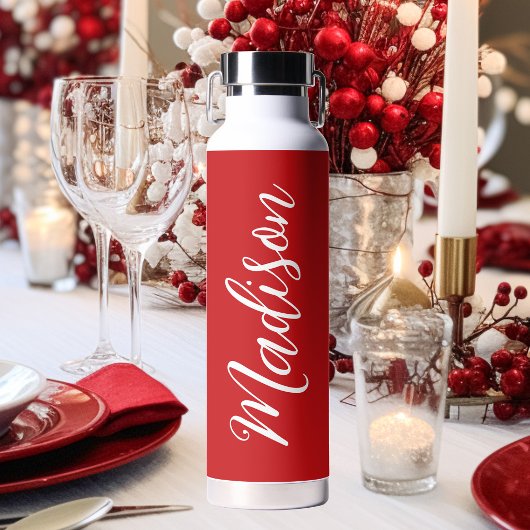 Roter Personalisierter Name in Chic White Script Trinkflasche