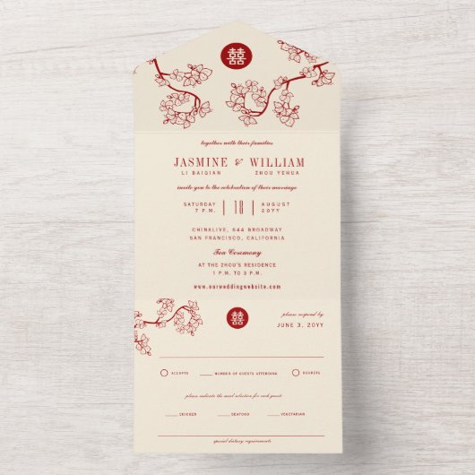 Roter Pfirsich/Pflaumenblüten Chinesisch Doppelglü All In One Einladung (Innen Boden)