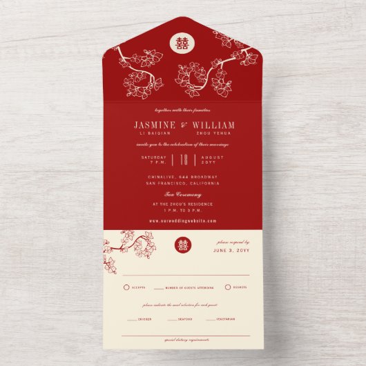 Roter Pfirsich/Pflaumenblüten Chinesisch Doppelglü All In One Einladung (Innen Boden)