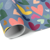 Roter Pfirsich Rosa Rosa Blau Herzmuster Geschenkpapier (Rolleneckpunkt)