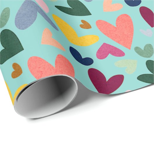 Roter Pfirsich Rosa Rosa Blau Herzmuster Geschenkpapier (Rolleneckpunkt)