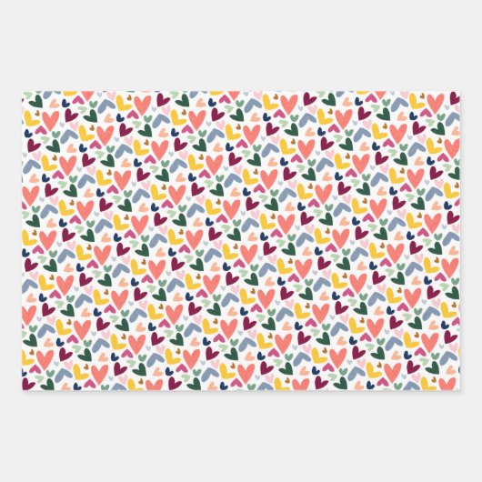 Roter Pfirsich Rosa Rosa Blau Herzmuster Geschenkpapier Set (Vorderseite)