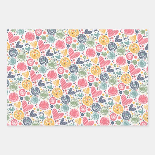 Roter Pfirsich Rosa Rosa Blau Herzmuster Geschenkpapier Set (Vorderseite)