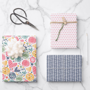 Roter Pfirsich Rosa Rosa Blau Herzmuster Geschenkpapier Set