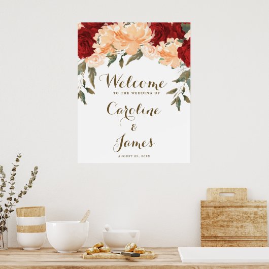 Roter Pfirsichblumen Hochzeitstag Begrüßungszeiche Poster (Küche)