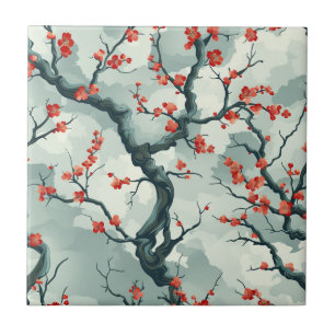 Roter Pflaumenblüten-Salbei-Grün-Tusche-Waschmuste Fliese