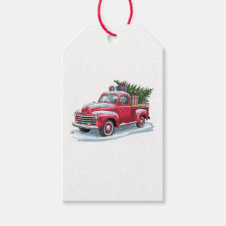 Roter Pick-up und Weihnachtsbaum Geschenkanhänger