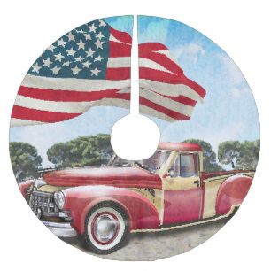 Roter Pickup-Truck: Amerikanische Flagge Vintage Polyester Weihnachtsbaumdecke