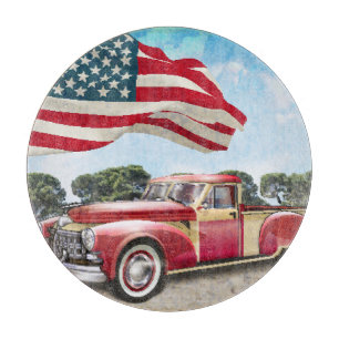 Roter Pickup-Truck: Amerikanische Flagge Vintage Schneidebrett