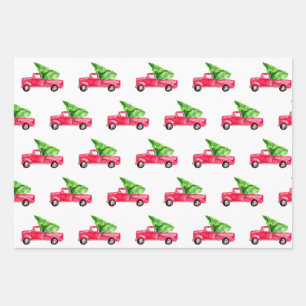 Roter Pickup-Truck Weihnachtsbaum Wasserfarbe vint Geschenkpapier Set