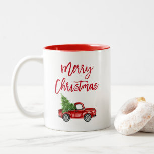 Roter Pinsel Schrift Vintage-LKW Weihnachtsbaum Zweifarbige Tasse