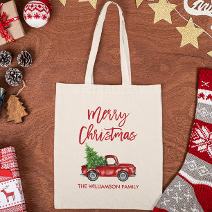 Roter Pinsel Schrift Vintage-Roter LKW Weihnachten Tragetasche