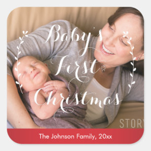 Roter Platz Baby's erstes Weihnachtsfoto-Sticker Quadratischer Aufkleber