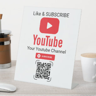 Roter Play-Button YouTube Abonnieren QR-Code Weiß Sockelschild