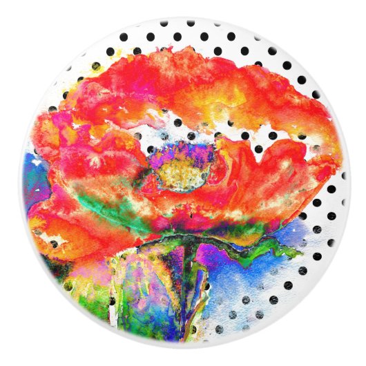 Roter Poppy Aquarellpolka Dot Akzent Keramikknauf (Vorderseite)