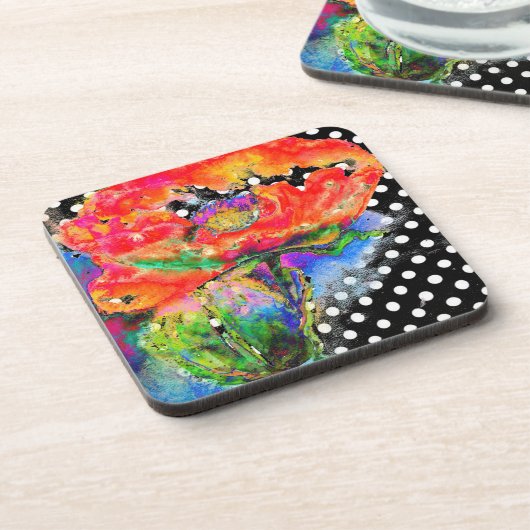 Roter Poppy - schwarze und weiße Polka-Punkte Untersetzer (Linke Seite)