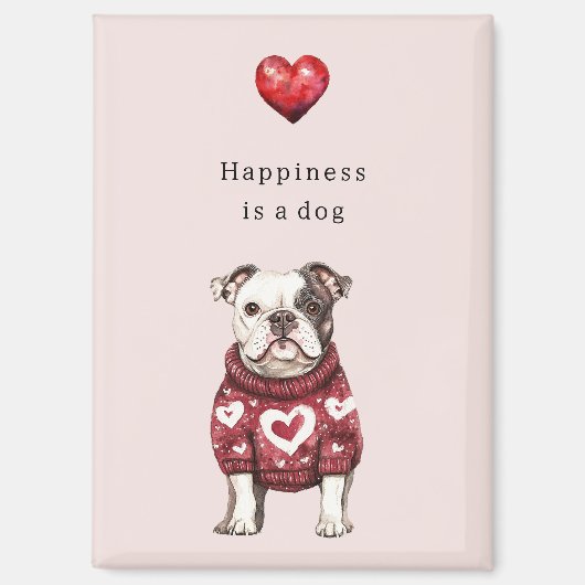 Roter Pullover Weiße Herzen Glück ist ein Hund Magnet (Vorderseite)