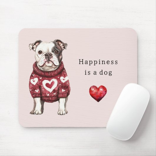 Roter Pullover Weiße Herzen Glück ist ein Hund Mousepad (Mit Mouse)
