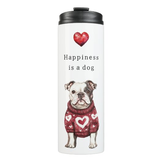 Roter Pullover Weiße Herzen Glück ist ein Hund Thermosbecher (Vorderseite)