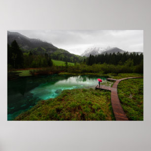 Roter Regenschirm grüner See Poster