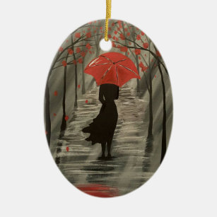 Roter Regenschirm im Herbst Keramik Ornament